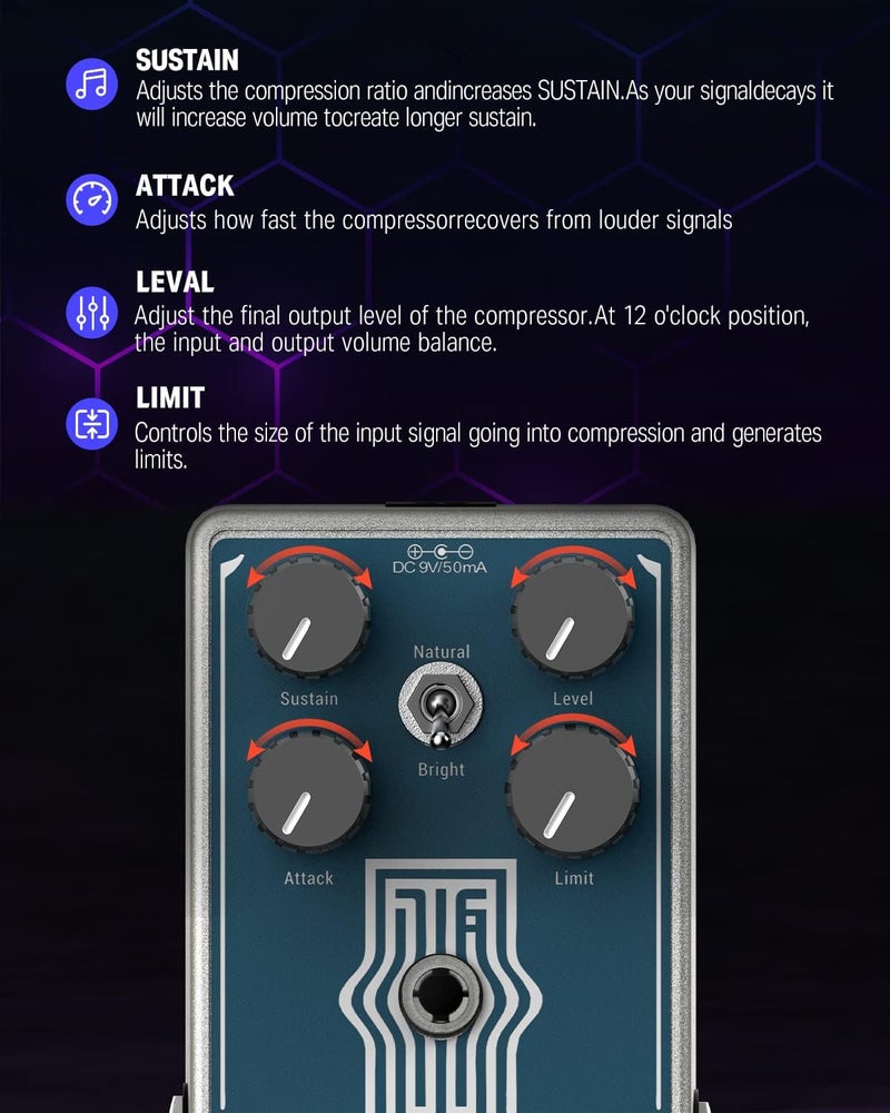Donner Compressor Guitar Pedal, Lax Comp Compressor Pedal for Electric Guitar and Bass, Classic Peak Limiter Style Compressor with 2 Band EQ Boost Effect Pure Analog True Bypass - Image 3